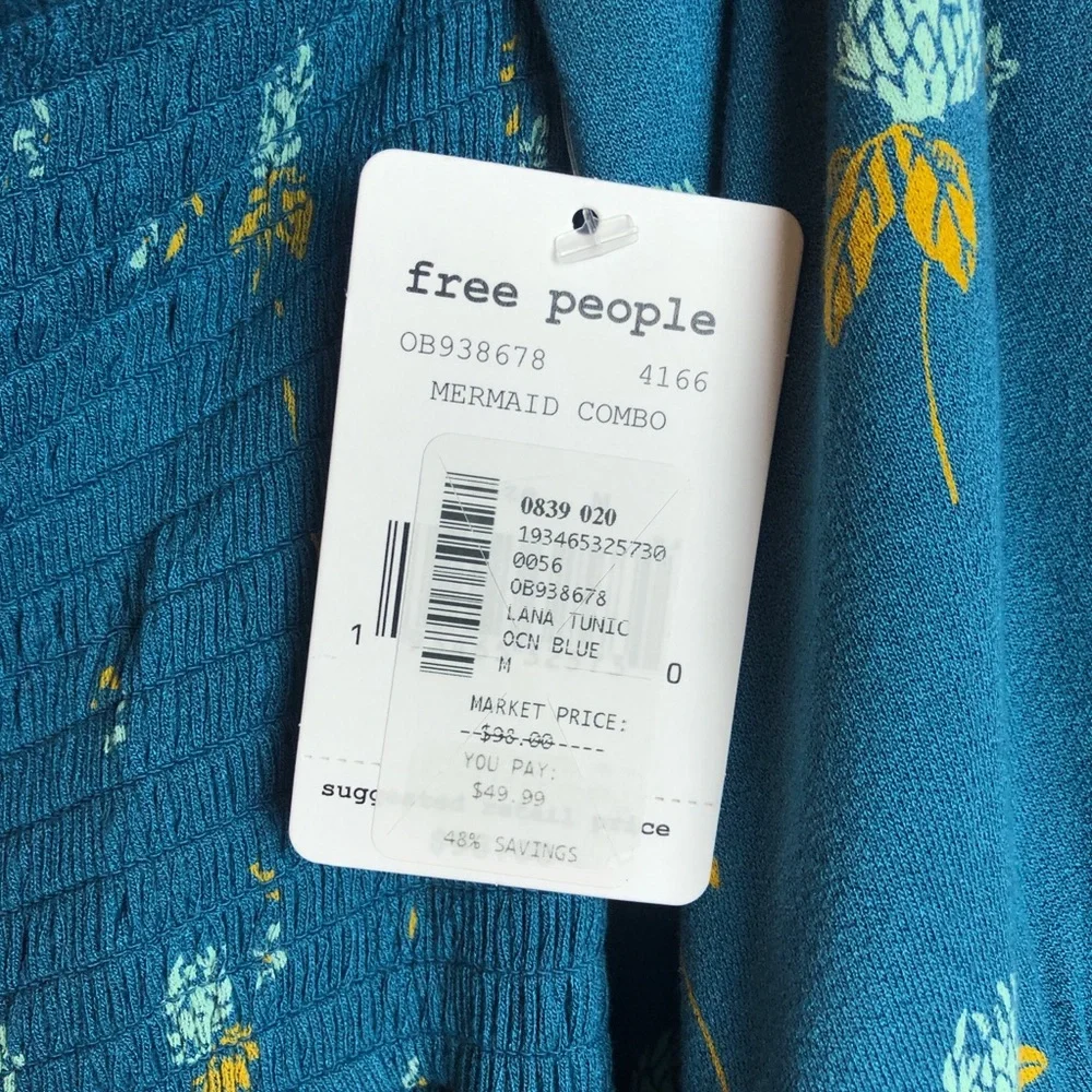 FREE PEOPLE Blue Floral Tunic Rouched with Bell Sleeves